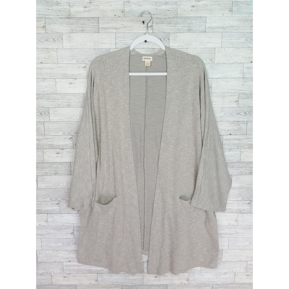 Donni Open Front Knit Cardigan Drape Top‎ One Size Fits All Gray Striped Flowing